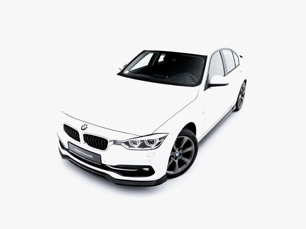 Maxton Design BMW 3 Series F30 F31 front splitter in black, made for Sportline sedan and touring models, enhances sporty styling.