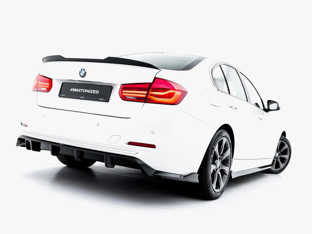 Maxton Design BMW 3 Series F30/F31 rear splitter with vertical bars, body styling accessory for Sportline sedan and touring models.