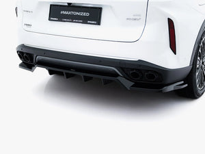 Maxton Design rear splitter with vertical bars for Omoda 9 Mk1, body and styling accessory, black finish, mounted on vehicle.