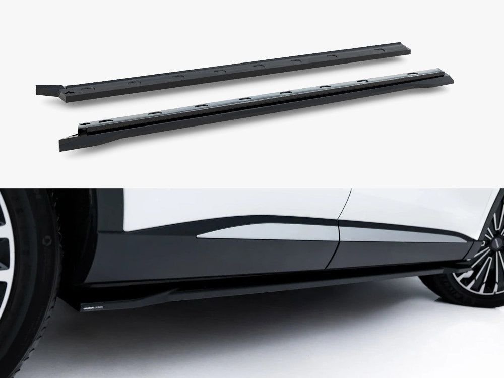 Maxton Design Omoda 9 Mk1 side skirt diffusers installed on vehicle body, showcasing sleek body styling and aerodynamic enhancements.