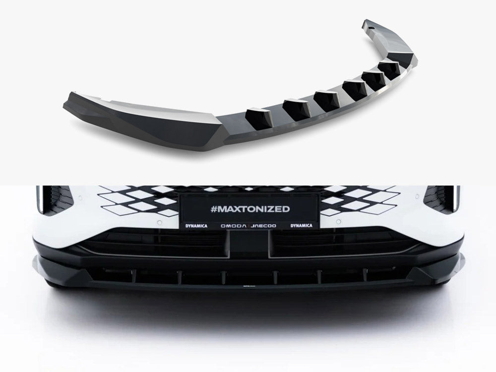Maxton Design Omoda 9 Mk1 front splitter for body and styling, black aerodynamic car accessory, detailed view of the lightweight design.