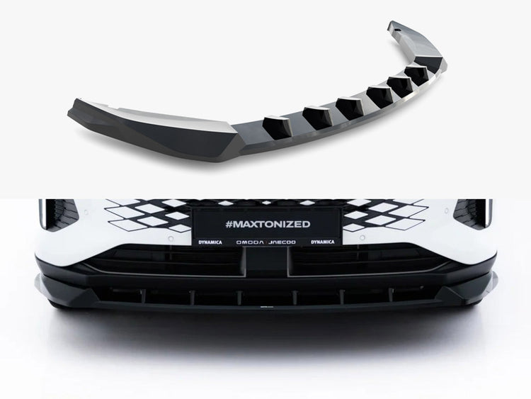 Maxton Design Omoda 9 Mk1 front splitter for body and styling, black aerodynamic car accessory, detailed view of the lightweight design.