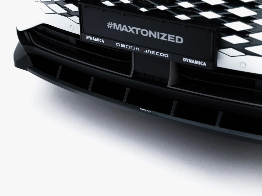 Maxton Design front splitter for Omoda 9 Mk1, body and styling accessory, showcasing sleek aerodynamic design on a white vehicle.