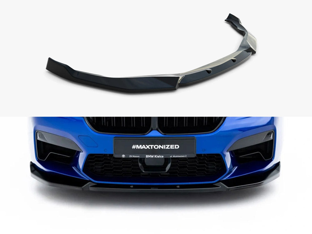Maxton Design BMW M5 F90 Facelift front splitter in black, sporty body styling part for enhanced aerodynamics.