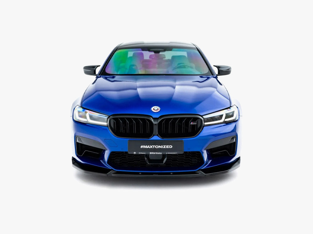 Black Maxton Design front splitter for BMW M5 F90 facelift, enhancing the vehicle's sporty body styling and aerodynamics.