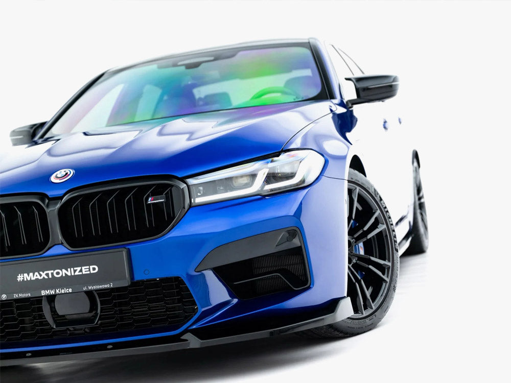 Maxton Design BMW M5 F90 Front Splitter V.1 in black for facelift model, body and styling accessory for improved aerodynamics.