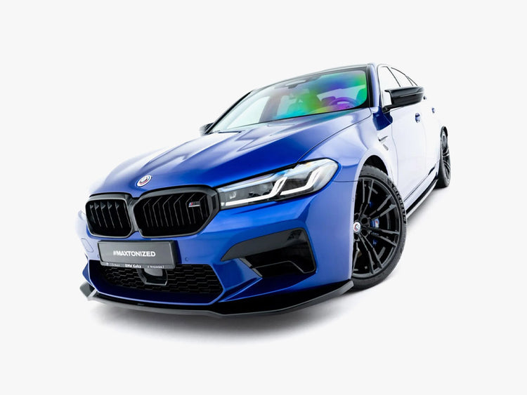 Maxton Design BMW M5 F90 facelift 2020 front splitter, body and styling accessory, made by MAXTON® DESIGN, shown on vehicle.