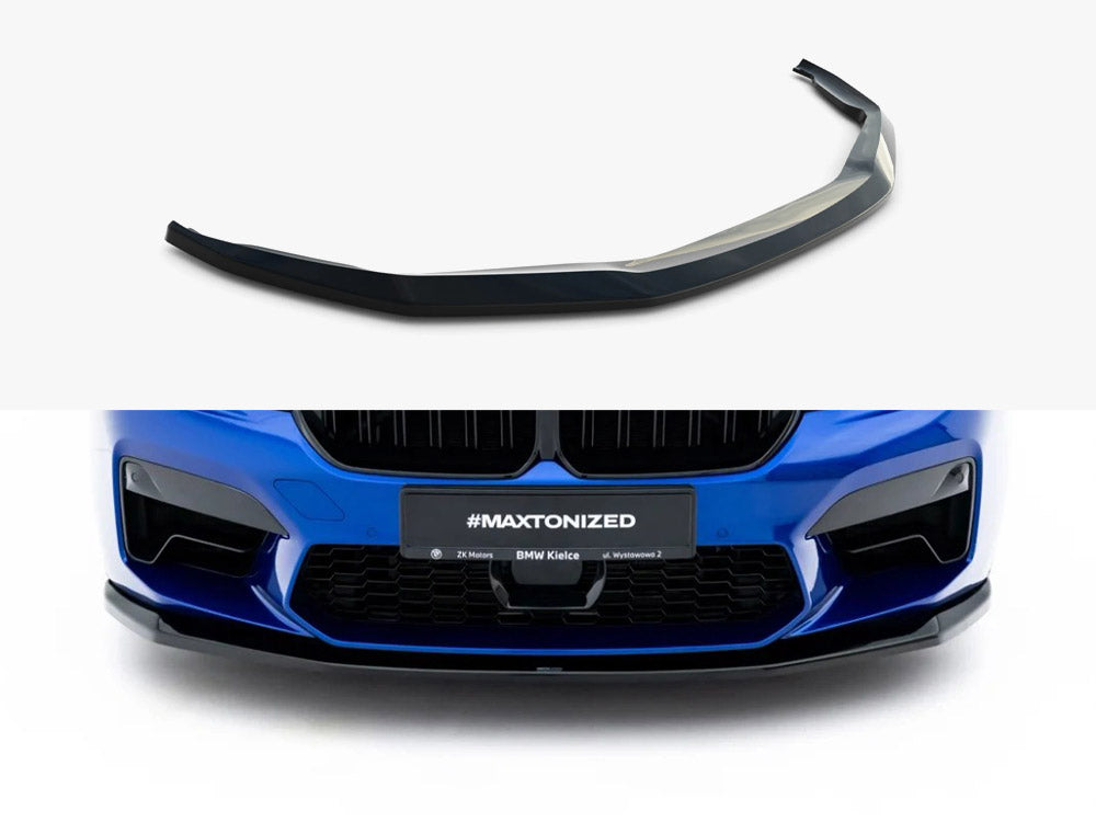 Front splitter for BMW M5 F90 facelift by Maxton Design, showing the sleek black aerodynamic body styling component.