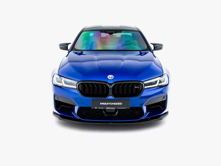 Maxton Design Front Splitter V.3 for BMW M5 F90 facelift, body styling part, black aerodynamic front splitter on vehicle.