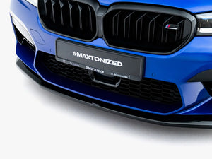 Maxton Design BMW M5 F90 Facelift front splitter V.3, black aerodynamic body styling part for enhanced vehicle performance.