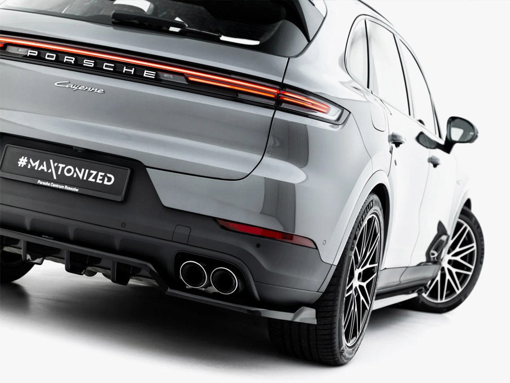 Maxton Design rear splitter with vertical bars for Porsche Cayenne Mk3 Facelift SUV and Coupe, enhancing body styling.