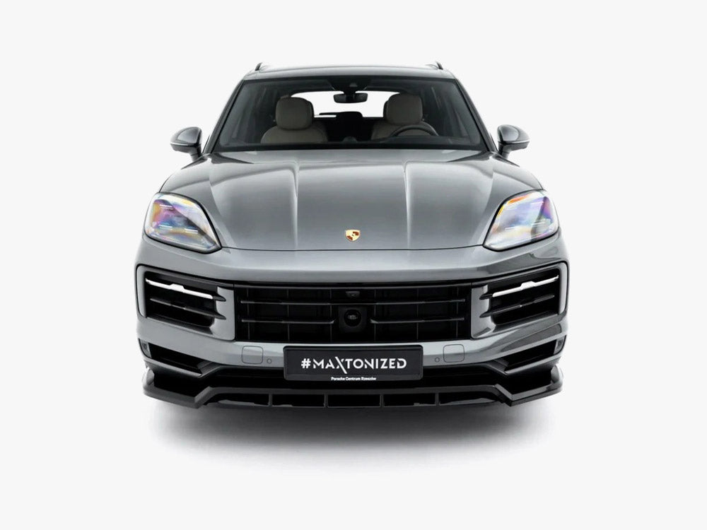 Maxton Design front splitter for Porsche Cayenne SUV and Coupe Mk3 Facelift, automotive body styling part in black with aerodynamic design.