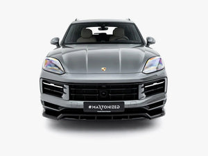 Maxton Design front splitter for Porsche Cayenne SUV and Coupe Mk3 Facelift, automotive body styling part in black with aerodynamic design.