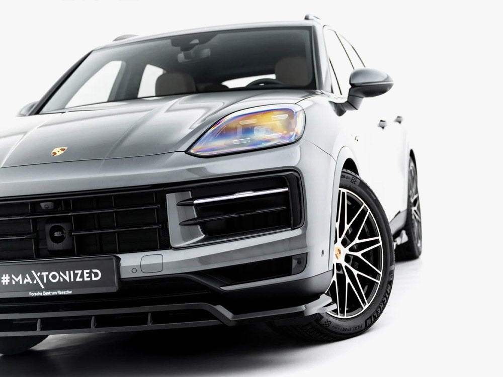 Maxton Design front splitter for Porsche Cayenne SUV and Coupe Mk3 Facelift, body styling accessory in black with aerodynamic design.