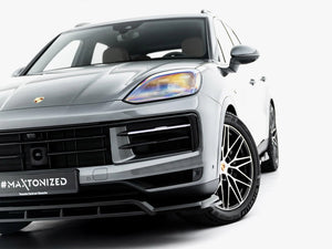 Maxton Design front splitter for Porsche Cayenne SUV and Coupe Mk3 Facelift, body styling accessory in black with aerodynamic design.