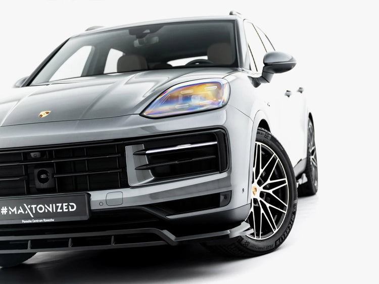 Maxton Design front splitter for Porsche Cayenne SUV and Coupe Mk3 Facelift, body styling accessory in black with aerodynamic design.