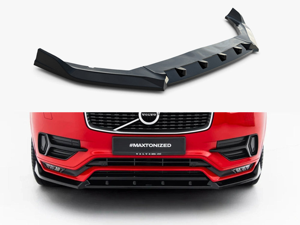 Maxton Design front splitter for Volvo XC90 R-Design Mk2, body styling accessory, durable black aerodynamic car enhancement.