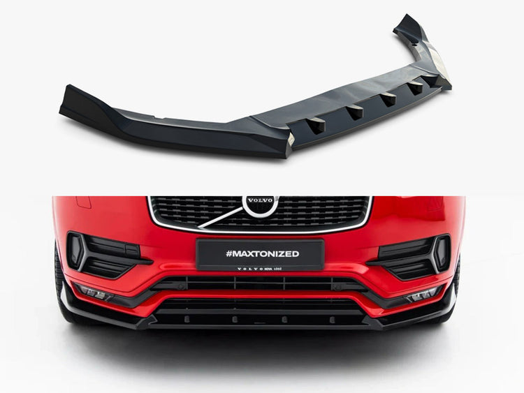 Maxton Design front splitter for Volvo XC90 R-Design Mk2, body styling accessory, durable black aerodynamic car enhancement.