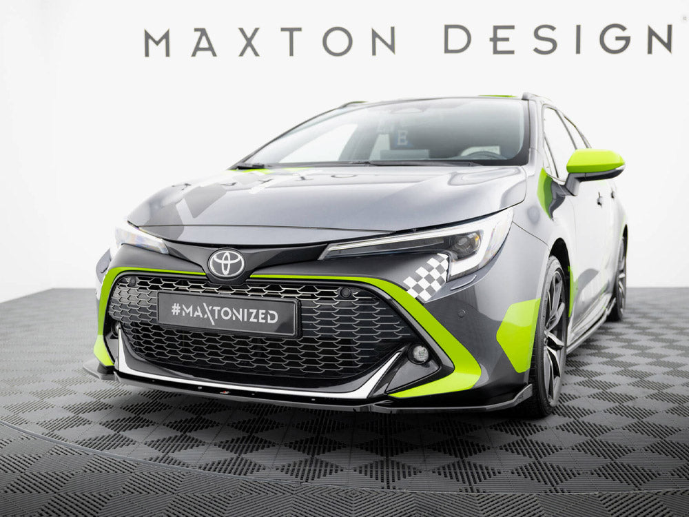 Maxton Design front splitter for Toyota Corolla GR Sport hatchback XII, body and styling accessory, in black with aerodynamic design.