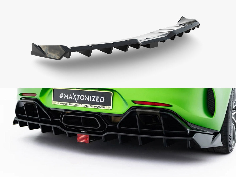 Maxton Design Mercedes-AMG GT R C190 facelift rear splitter with vertical bars and LED lighting, body and styling accessory.