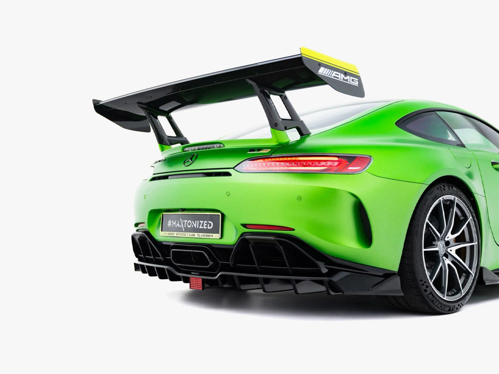 Maxton Design rear splitter with vertical bars and LED lights for Mercedes-AMG GT R C190 facelift, body and styling upgrade.