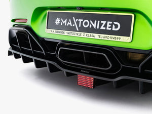 Maxton Design rear splitter with vertical bars and LED lights for Mercedes-AMG GT R C190 facelift, body and styling accessory.