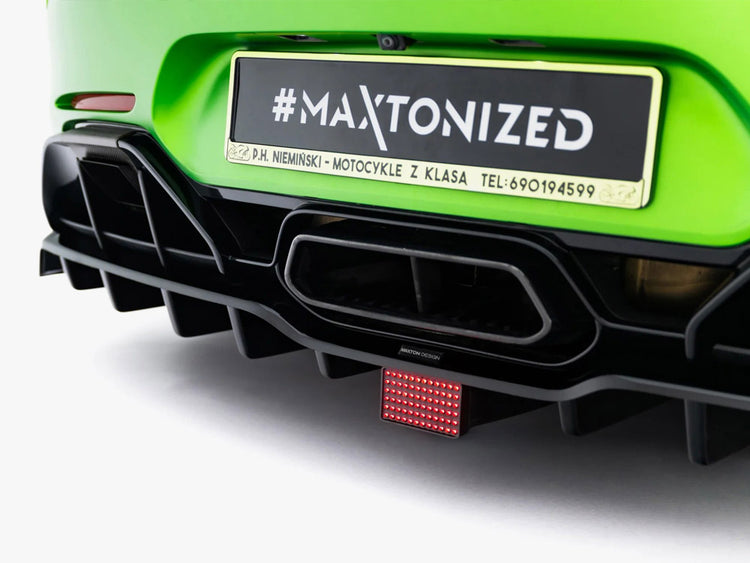 Maxton Design rear splitter with vertical bars and LED lights for Mercedes-AMG GT R C190 facelift, body and styling accessory.