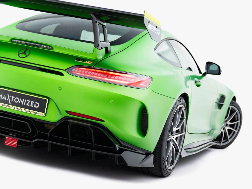 Maxton Design rear splitter with vertical bars and LED lights for Mercedes-AMG GT R C190 facelift, body and styling accessory.