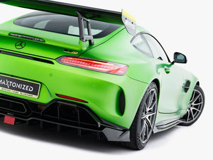 Maxton Design rear splitter with vertical bars and LED lights for Mercedes-AMG GT R C190 facelift, body and styling accessory.