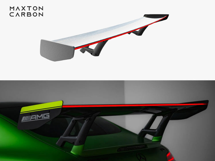 MaxTON® DESIGN carbon spoiler with LED lights on a Mercedes-AMG GTR C190 facelift, showcasing sleek body styling and aerodynamic features.