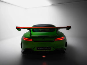 Carbon spoiler with LED lights for Mercedes-AMG GTR C190 facelift, MAXTON® DESIGN body and styling accessory, installed on vehicle.