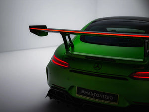 Carbon spoiler and LED lighting for Mercedes-AMG GTR C190 facelift, MAXTON® DESIGN body styling accessory on a car.