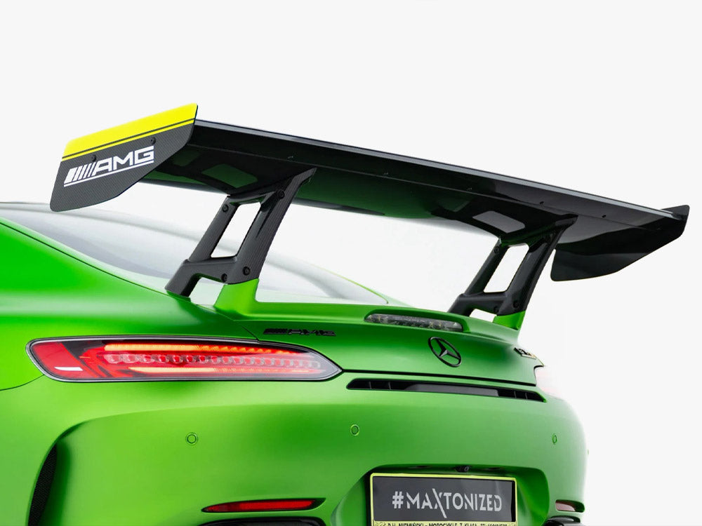 Carbon spoiler with LED lights on a Mercedes-AMG GTR C190 facelift, styled for enhanced aerodynamics and sporty appearance.