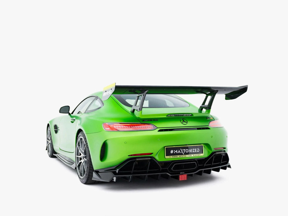 Carbon spoiler for Mercedes-AMG GTR C190 facelift by MAXTON® DESIGN, shown on a sleek sports car with detailed craftsmanship.