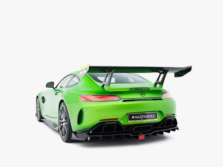 Carbon spoiler for Mercedes-AMG GTR C190 facelift by MAXTON® DESIGN, shown on a sleek sports car with detailed craftsmanship.