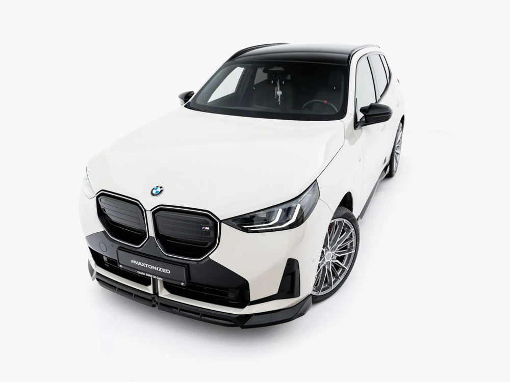 Maxton Design front splitter for BMW X3 M50 G45, body styling part, shown on vehicle with close-up view of the black aerodynamic design.