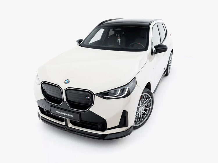 Maxton Design front splitter for BMW X3 M50 G45, body styling part, shown on vehicle with close-up view of the black aerodynamic design.
