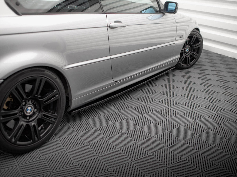 Maxton Design full body kit for BMW 3 Series E46 Coupe, including front bumper, side skirts, and rear diffuser, in black finish