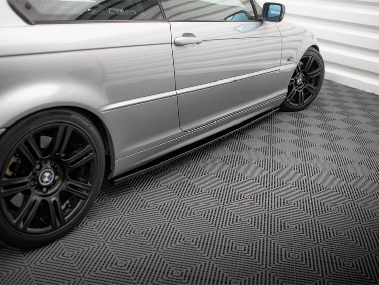 Maxton Design full body kit for BMW 3 Series E46 Coupe, including front bumper, side skirts, and rear diffuser, in black finish