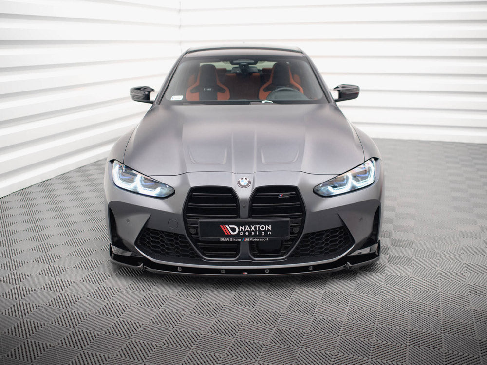 Maxton Design BMW M3 G80 full body kit with front bumper, side skirts, and rear diffuser on a sedan in black and carbon fiber.