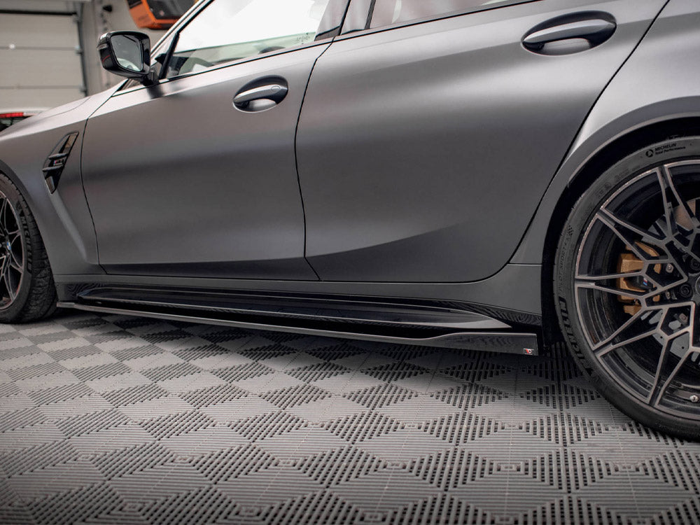 Maxton Design BMW M3 G80 full body kit with front splitter, side skirts, and rear diffuser on a sedan.