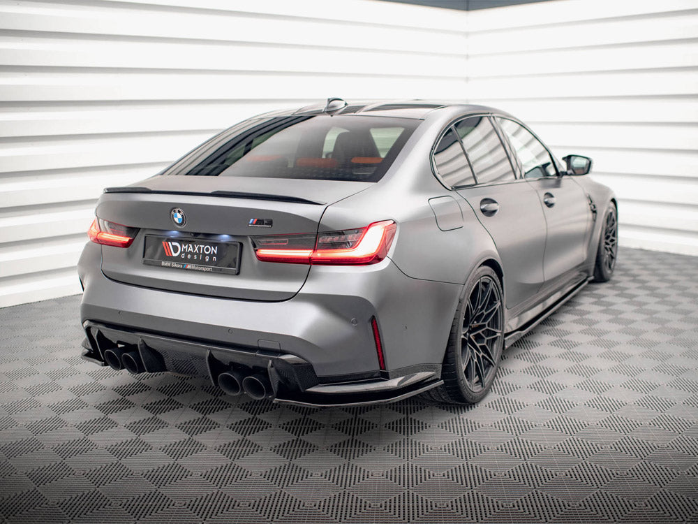 Maxton Design full body kit for BMW M3 G80 sedan, including front bumper, side skirts, and rear diffuser, in black finish