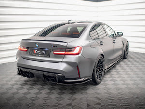 Maxton Design full body kit for BMW M3 G80 sedan, including front bumper, side skirts, and rear diffuser, in black finish