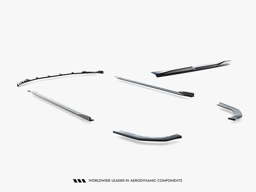 Maxton Design BMW M3 G80 full body kit with front splitter, side skirts, and rear diffuser on showroom floor.