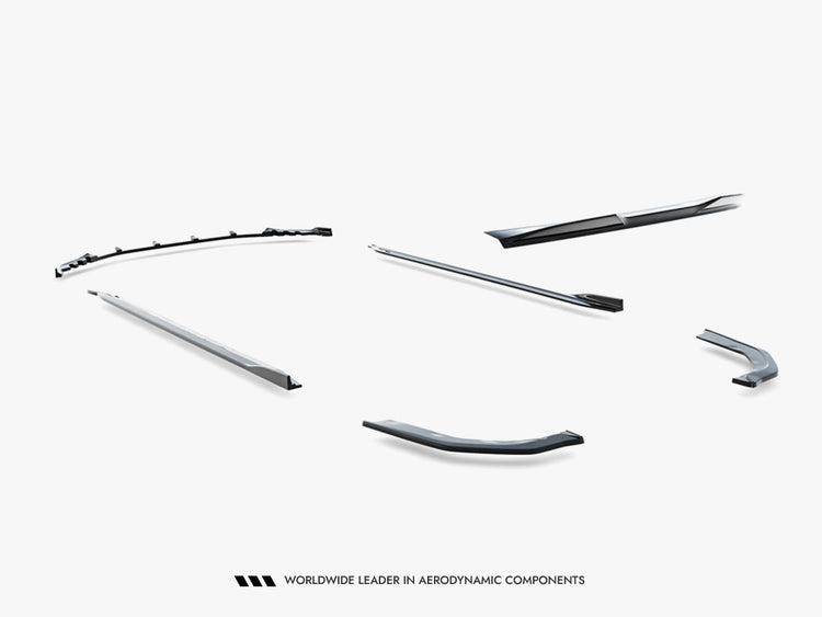 Maxton Design BMW M3 G80 full body kit with front splitter, side skirts, and rear diffuser on showroom floor.