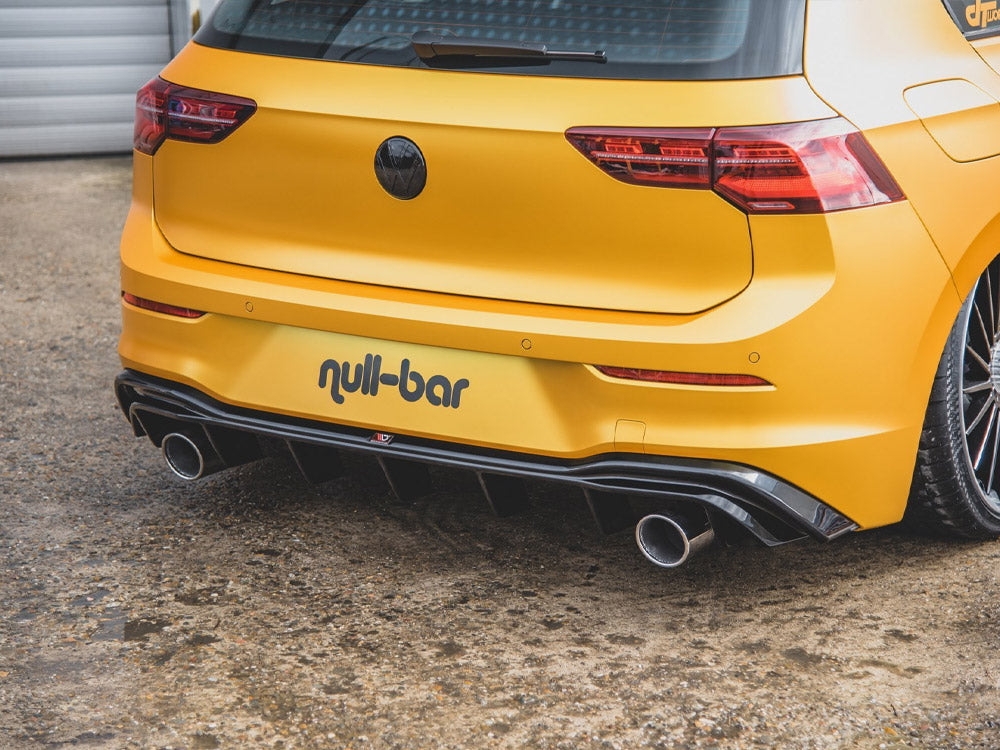 Maxton Design VW Golf Mk8 rear valance with GTI look, body styling part for 2020 and newer models, shown in black finish.