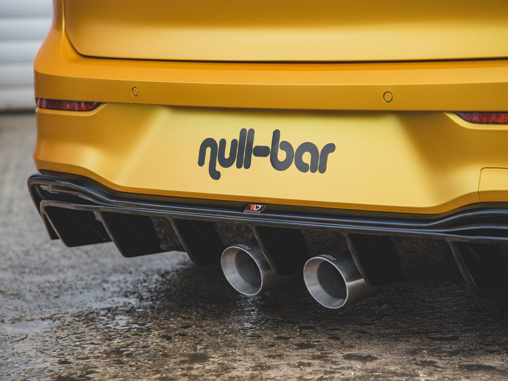 Maxton Design VW Golf Mk8 rear valance with R32 look, body and styling part for 2020 and newer models, in black finish.