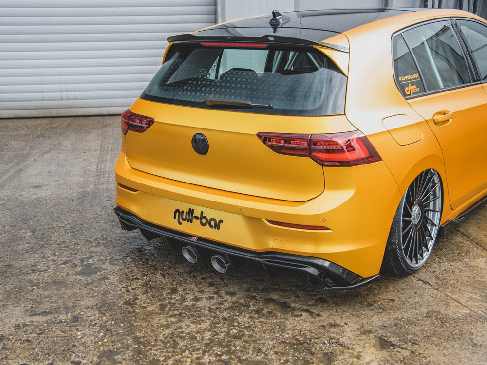 Maxton Design VW Golf Mk8 rear valance with R32 look, body and styling accessory for 2020 and newer models, in black finish.