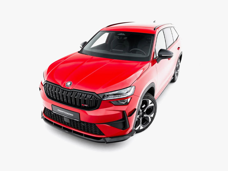 Maxton Design Skoda Kodiaq RS Mk2 front splitter in black, made of durable body and styling material, enhances vehicle aerodynamics.