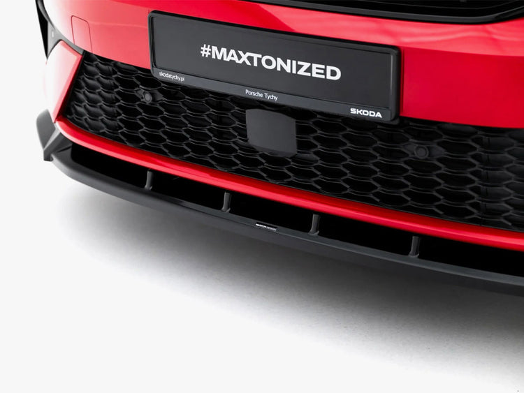 Maxton Design front splitter for Skoda Kodiaq RS Mk2, body and styling accessory, shown on car front with detailed design features.